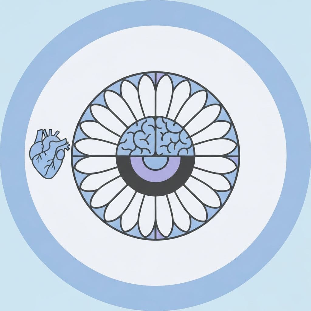 Ilustracao abstrata combinando cerebro, alimentos saudaveis e simbolismo de equilibrio emocional